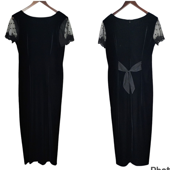 Vintage Robbie Bee Black Velvet Maxi Dress Bow Lace Sleeves Size 12 Petite - Picture 1 of 12